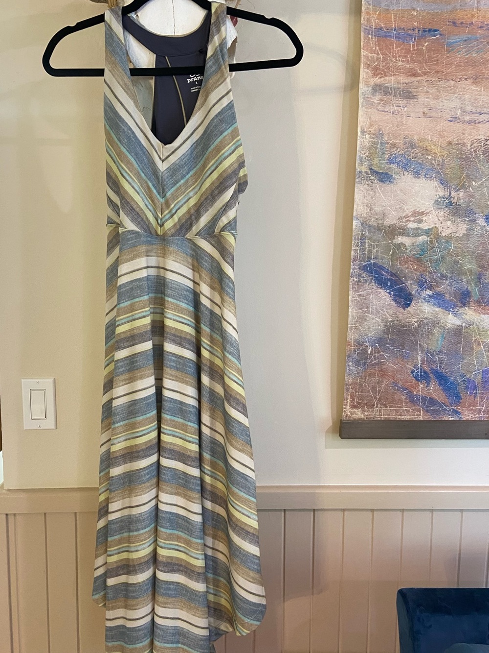 Prana Striped Halter Midi Dress in Blue, Green & Cream